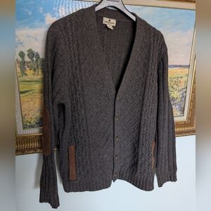 Woolrich Wool Dark Brown Cardigan with Suede Patches Large